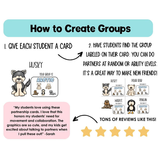 Small Group of 6 Animals Partner Pairing Cards | Classroom Management