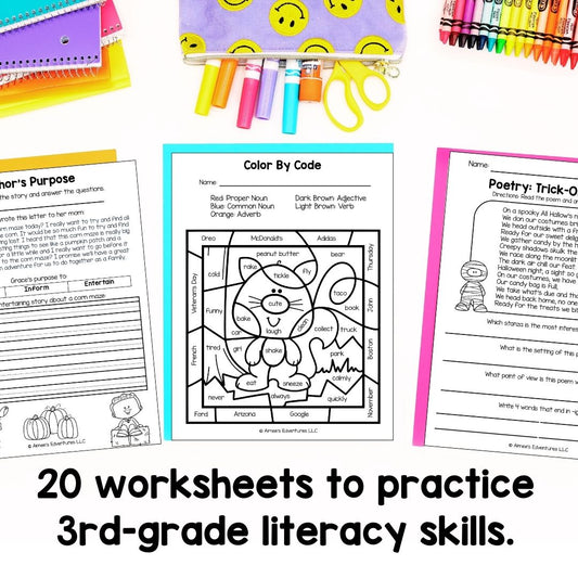 October NO PREP 3rd Grade Literacy Worksheets