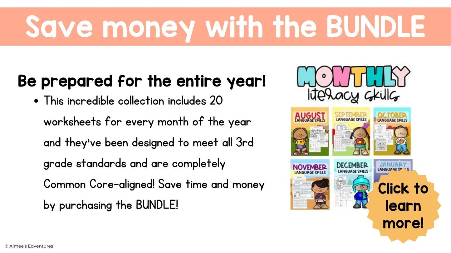 November NO PREP 3rd Grade Literacy Worksheets