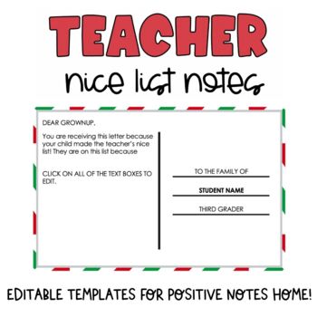 EDITABLE Positive Nice List Notes Home | Christmas Theme | Parent Communication
