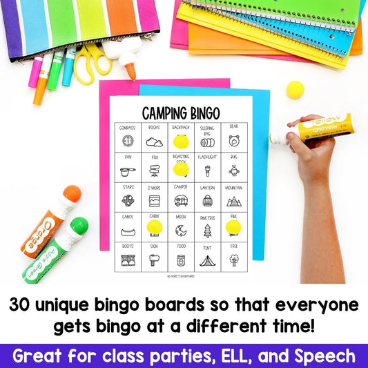 Camping Bingo for Class Parties | Summer Vocabulary | ELL Activities