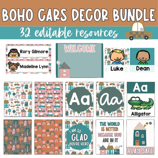 Boho Classroom Decor Bundle | Editable Classroom Transformation | Cars