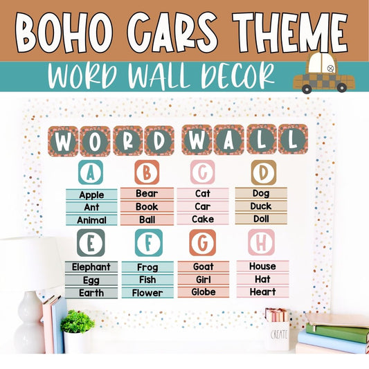 Boho Classroom Decor Bundle | Editable Word Wall Template | Cars