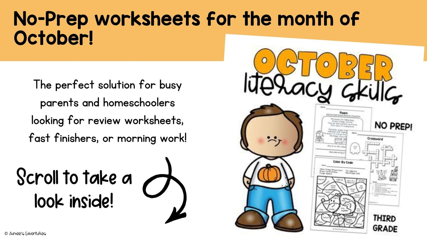October NO PREP 3rd Grade Literacy Worksheets
