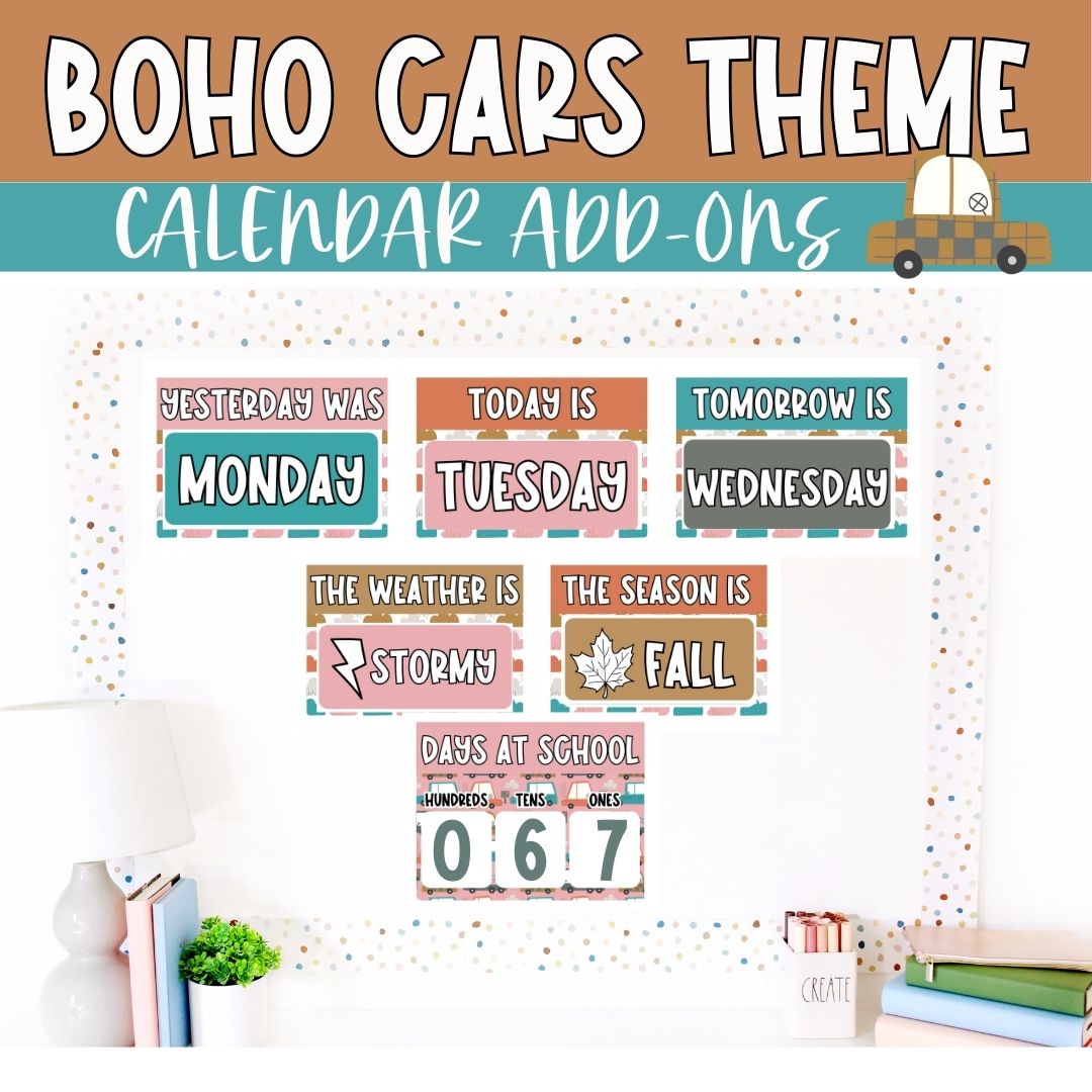 Boho Classroom Decor Bundle | Morning Meeting Calendar Cards | Cars