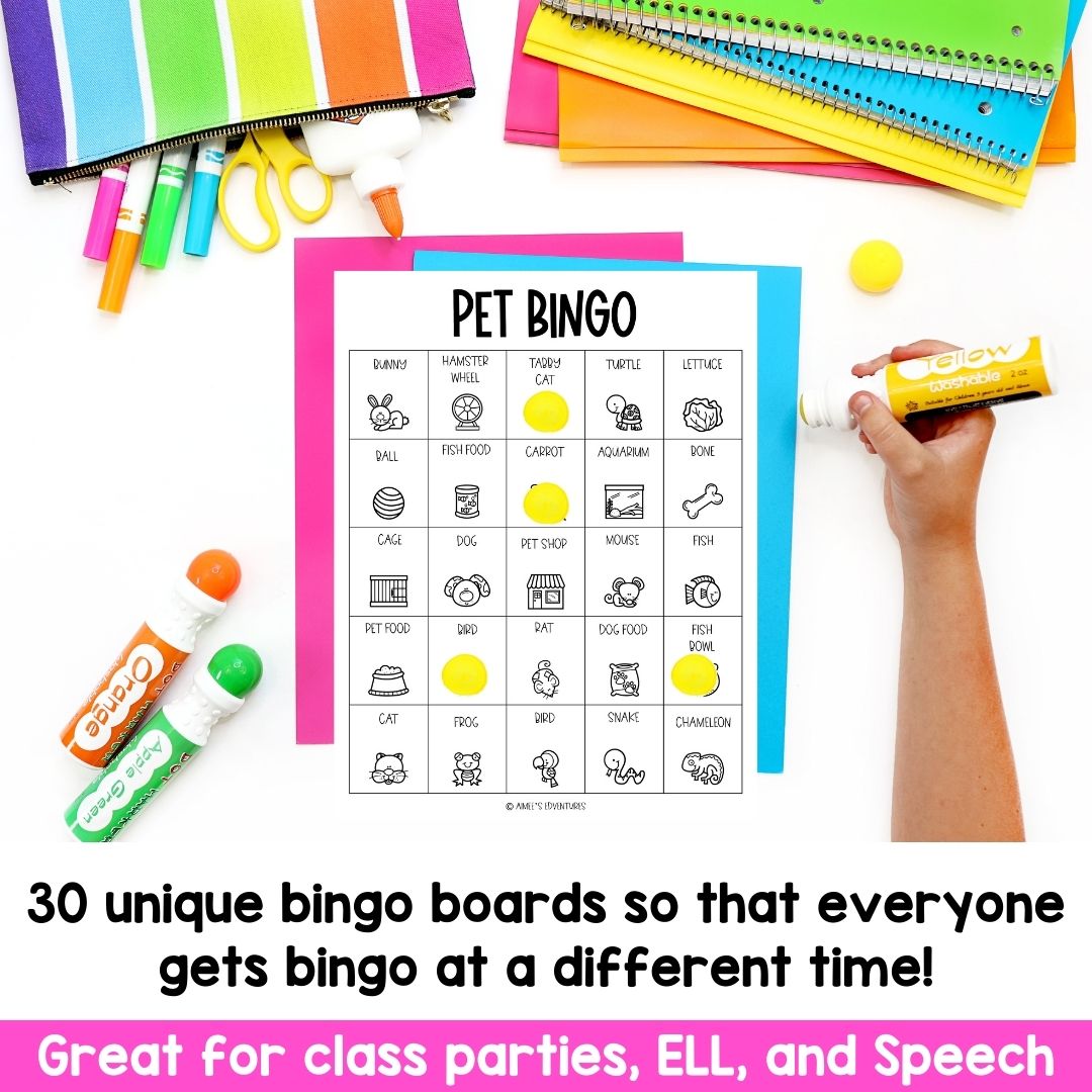 Pet Bingo Game | Vocabulary Words | Language Arts Activity