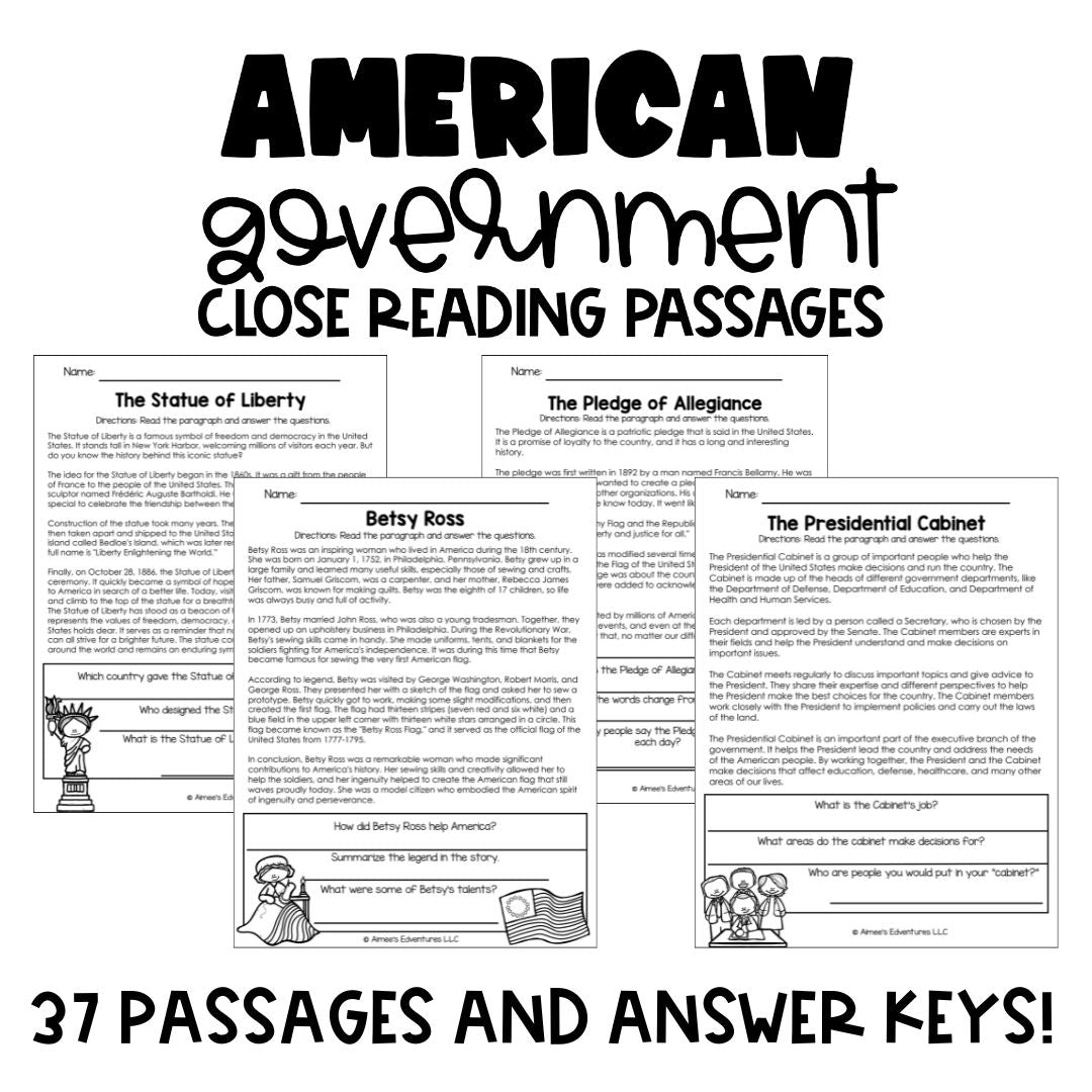US History | Government Close Reading Passages Activity | Reading Comprehension
