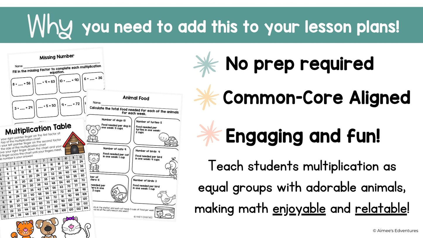 NO PREP Equal Groups Multiplication | Pet Themed Math Plan | Math Worksheets