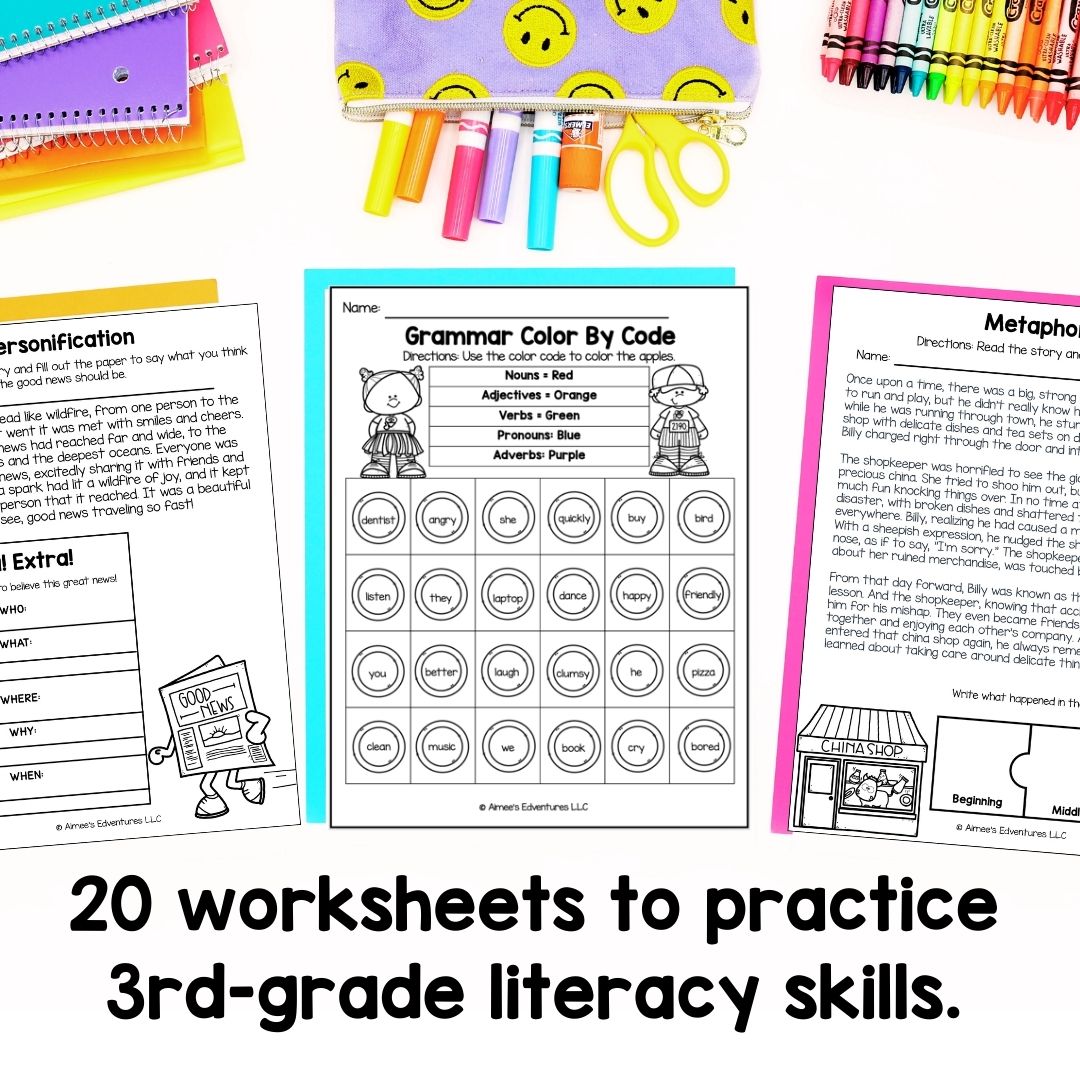 November NO PREP 3rd Grade Literacy Worksheets