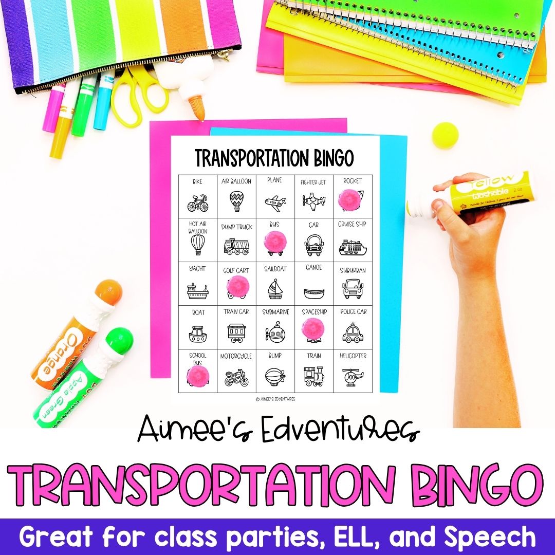 Transportation Bingo for Class Parties | Spring Vocabulary Words | Game