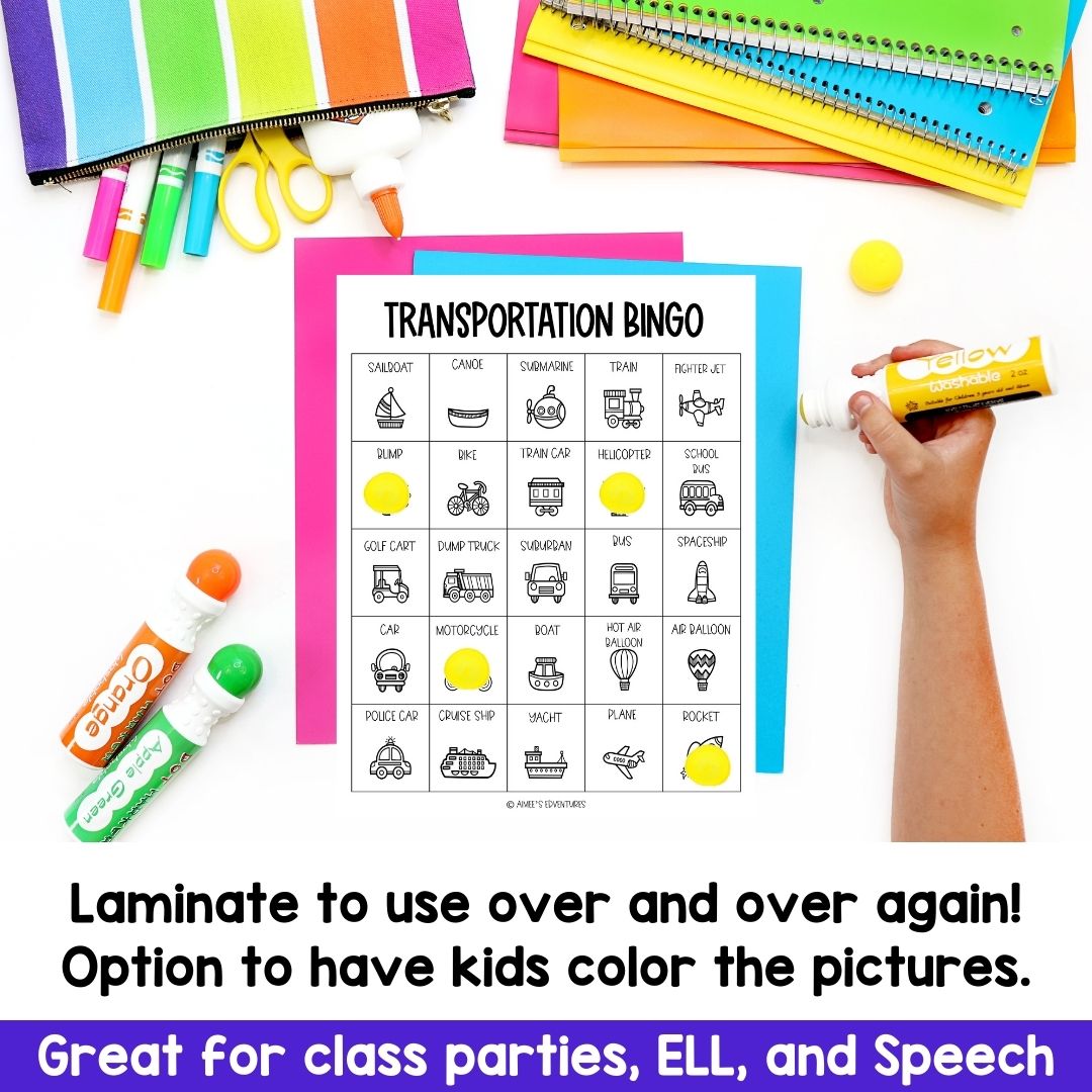 Transportation Bingo for Class Parties | Spring Vocabulary Words | Game
