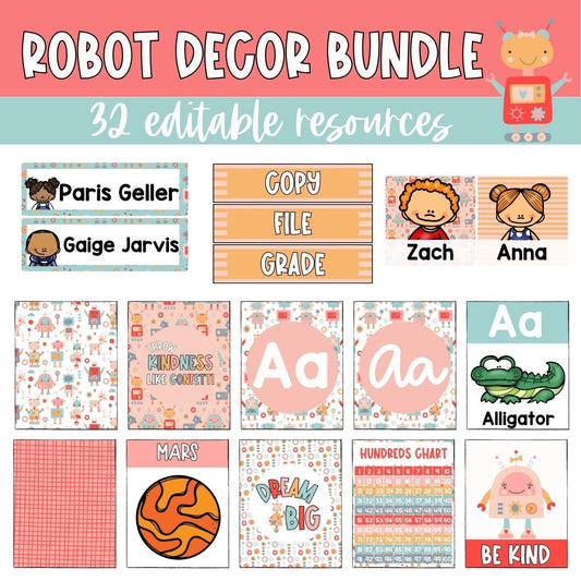 Robot Theme Classroom Decor Bundle | Editable Classroom Transformation