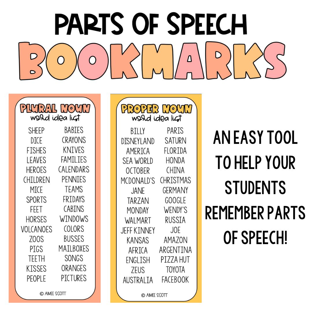Parts of Speech Bookmarks | Fall Theme | Word Choice | Student Gift