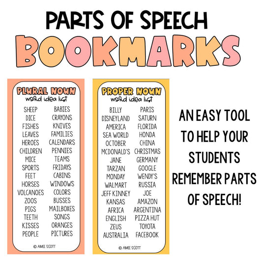 Parts of Speech Bookmarks | Fall Theme | Word Choice | Student Gift